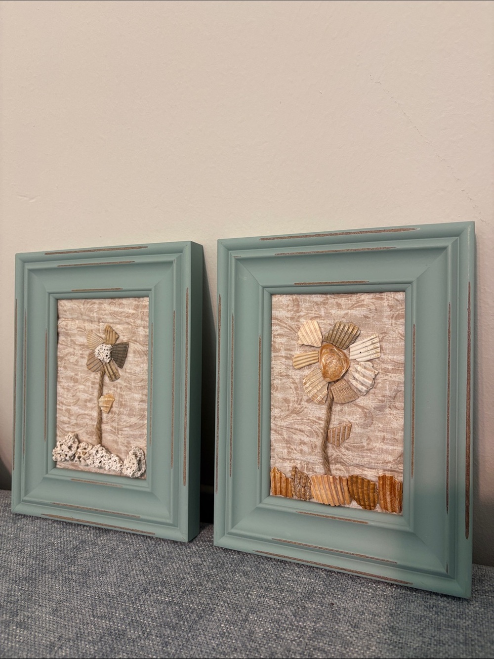 Set of Two Framed Sea Shell Floral Wall Art Set in light teal frames